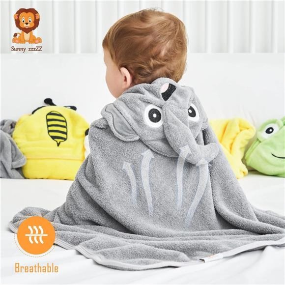 NEW 2 Baby Bath Hooded Towels and 8 Washcloths - Yellow Bee and Grey Elephant - Picture 2 of 7